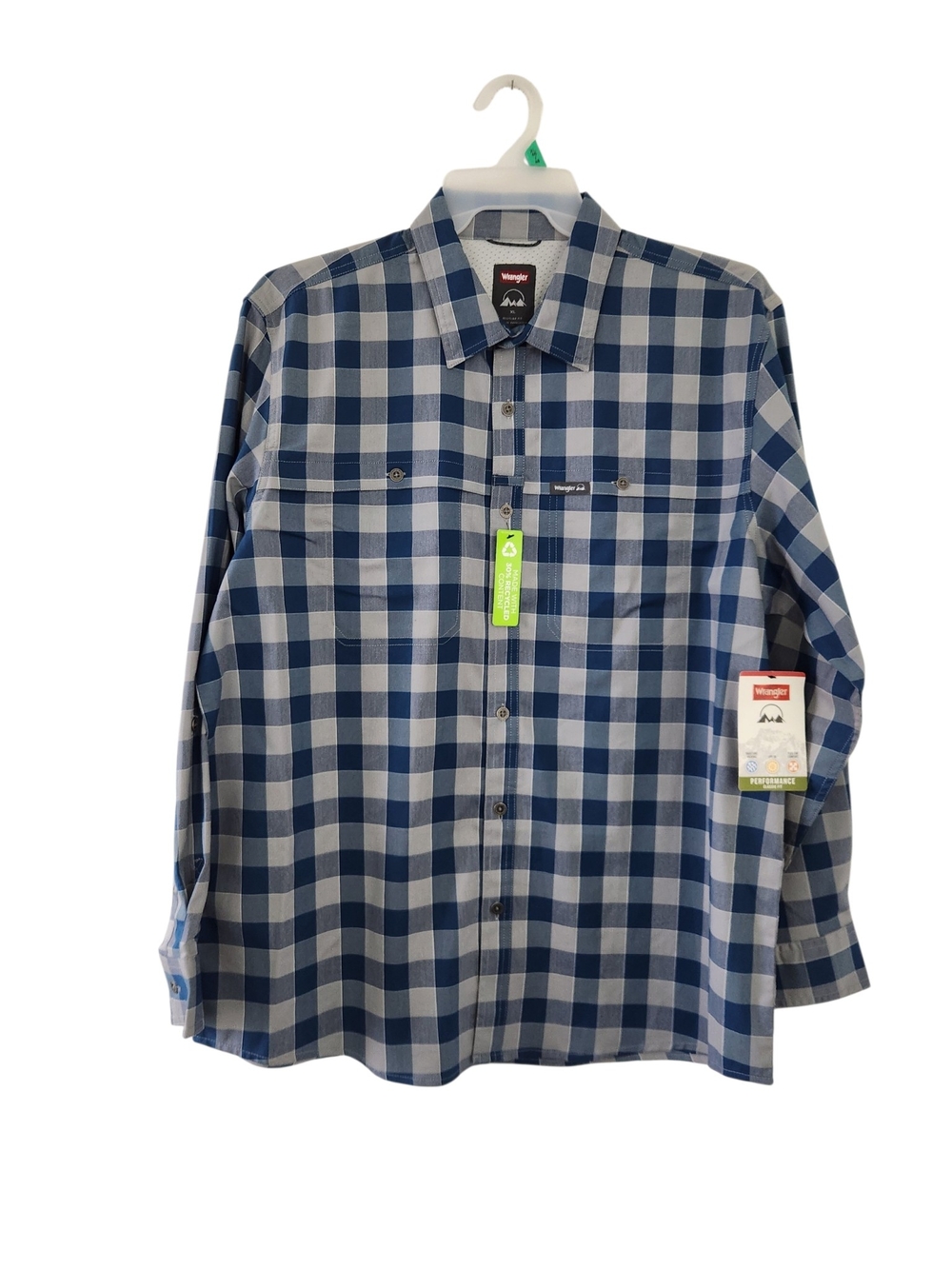 NEW Wrangler Men’s Blue Plaid Check Long-Sleeve Button-Up Shirt XL Classic Fit